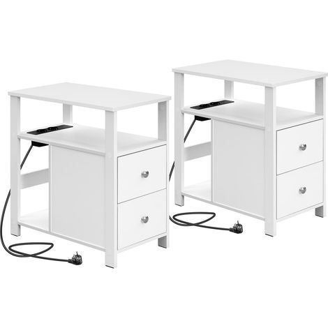 WOLTU Lot de 2 Table d'Appoint avec Prise Intégrée, 2 Tiroirs, 2 Étagères, Table de Chevet Étroite, 60x30x60 cm, Blanc (1/5)