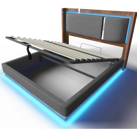 Gepolstertes Doppelbett 180x200 cm mit LED und Stauraum, grau und Nussbaum, ohne Matratze (1/5)