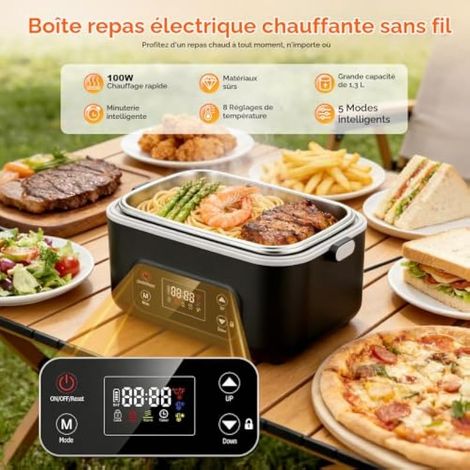 24000mAh Gamelle Chauffante avec 12H Minuterie, 1.3L Rechargeable Boite Chauffante Repas électrique Lunch Box Bote à Lunch électrique Sans Fil pour Adultes Voyage,Bureau,Pique-nique (1/4)