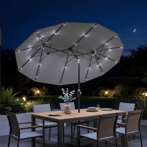 Parasol double avec pied en croix et éclairage solaire, 295 x 150 x 219 cm, gris, design moderne (1/5)