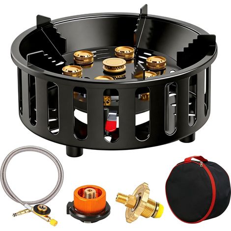 Réchaud à gaz de 16 800 W avec 3 adaptateurs, résistant au vent, allumage piézoélectrique, sac de transport, réchaud à gaz portable pour l'extérieur, 7 brûleurs (1/5)