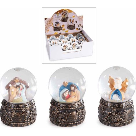 Boule à neige Nativité sur socle décoré en résine, présentoir de 12, lot de 12, diam. 4,5 cm x H. 6,5