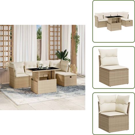 6-tlg. Garten-Sofagarnitur mit Kissen Beige Poly Rattan - Gartensorte - Gartenmöbelset - Lounge Set - Rattan Möbel - Outdoor Sofa (1/5)