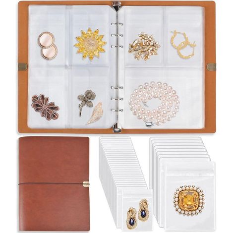 Organisateur de bijoux, album de rangement pliable avec pochettes pour boucles d'oreilles, porte-accessoires en simili cuir pour bracelets colliers bagues (64 cases + 64 sachets PVC antioxydants) (1/5)