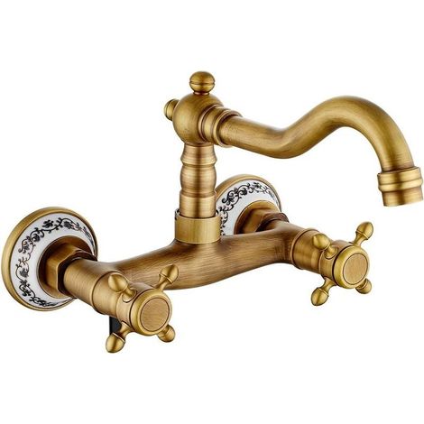 Antique Vintage Bronze Wall Mounted Kitchen Mixer Tap, 360° Rotatable, Dual Control, Plum Blossom (Antique) (1/5)