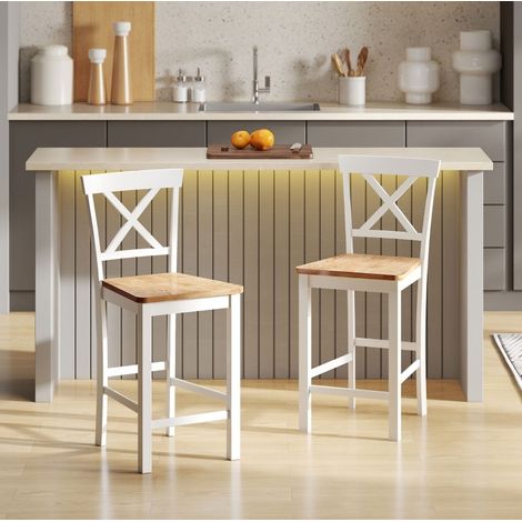 Taburete de bar de madera de caucho, roble y blanco, respaldo en X, reposapiés, 41,5 x 46,5 x 96 cm (1/5)
