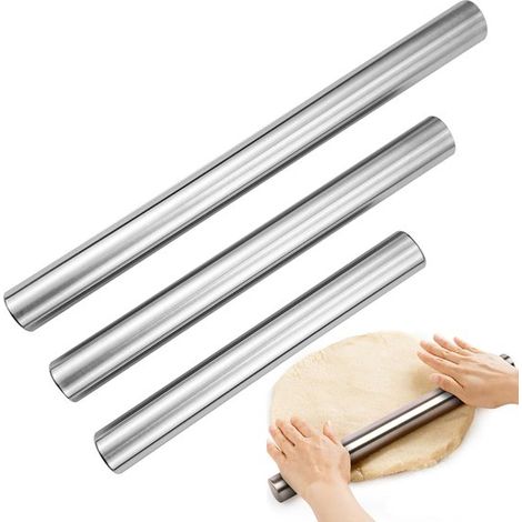 Set di 3 mattarelli in acciaio inox, facili da pulire, ideali per la cottura, disponibili nelle lunghezze di 30 cm, 25 cm e 20 cm. (1/5)