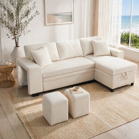 Sofá cama rinconero con puerto USB, 3 plazas, beige DESVIAE (1/5)