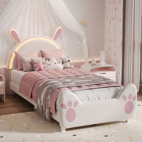 BLANKETSWARM - Lit enfant fille 90x200 cm, lit princesse fille avec tête de lit design lapin doux, lit simple avec LED - Velours - 90x200 cm, Beige (1/5)