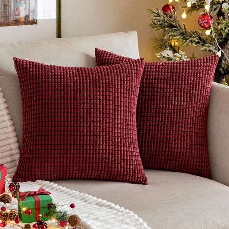 Lot de 2 taies d'oreiller décoratives de Noël en velours côtelé doux, couleur bordeaux, pour canapé, chambre ou voiture, 45 x 45 cm (18 x 18 pouces). (1/5)
