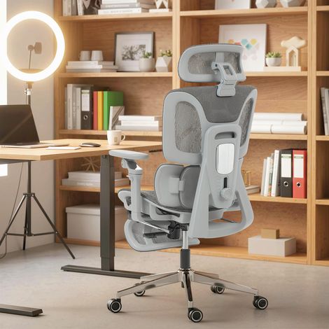 Chaise de Travail Ergonomique à Dossier en Maille Grise, Accoudoirs 6D, Repose-Tête et Hauteur/Profondeur d'Assise Ajustables, Siège Confortable pour Bureau (1/5)