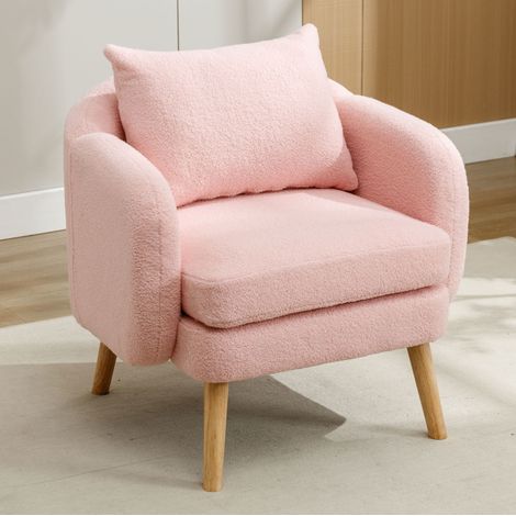 Poltrona in velluto peluche con cuscino, poltrona singola, gambe in legno, rosa (1/5)