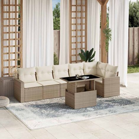 Salon de jardin 7 pièces en résine tressée beige avec coussins crème lavables et table réglable 100x55 cm (1/5)
