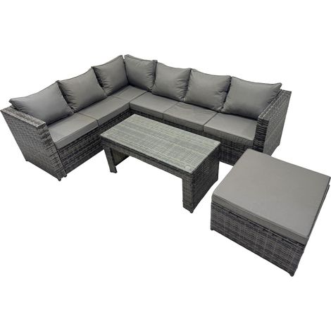 Fimous 4 Pieces Outdoor PE Rattan Garden Furniture Corner Sofa Oblong Coffee Table Set with Cushions Big Footstool Dark Grey Mixed (1/5)