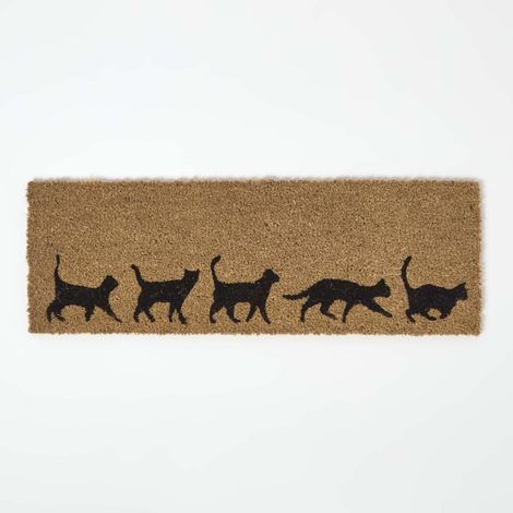 HOMESCAPES Rutschfeste Kokos-Fußmatte mit Katzen-Motiv, 25 x 75 cm