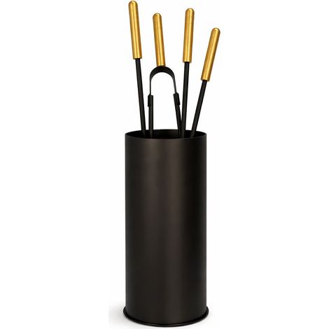 Kaminset Kaminbesteck 5-tlg. Schwarz pulverbeschichtet mit Messing-Griffstücken (1/5)