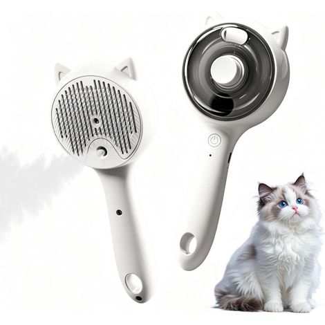 Brosse Vapeur Chat et Chien 2 en 1 - Brosse pour Chat Poil Long et Court avec Pulvérisation à 2 Vitesses, Peigne Autonettoyant pour Éliminer les Poils Morts et Démêler, Blanc (1/5)