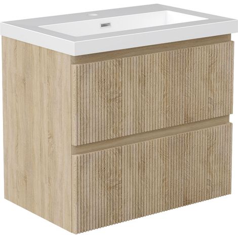 Meuble de Salle de Bain Suspendu Chêne Cannelé 60cm, 2 tiroirs Silencieux, Vasque en Résine , Facile à nettoyer et à installer (1/5)