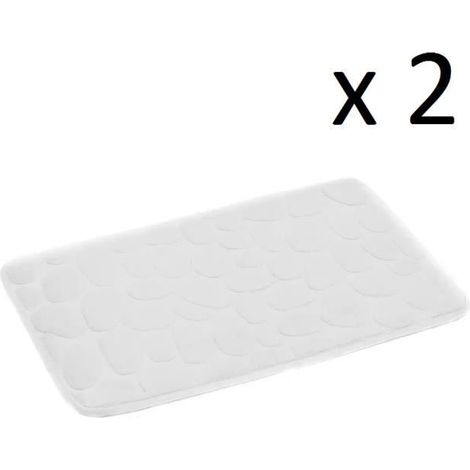 Lot de 2 tapis de bain à motif galets, tapis salle de bain antidérapant en microfibre coloris blanc - Longueur 60 x Profondeur 40 cm (1/3)