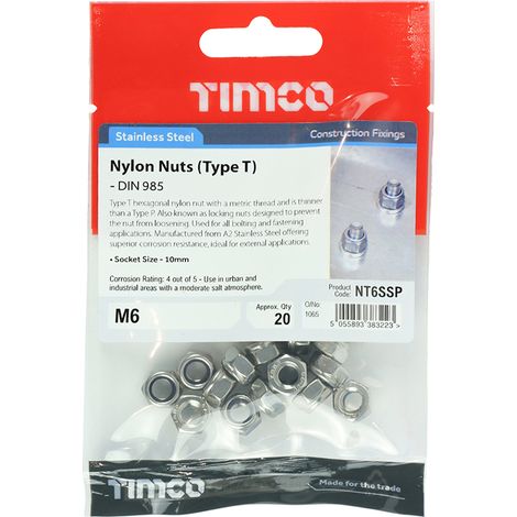TIMCO Nylon Insert Nuts Type T DIN985 A2 Stainless Steel - M6