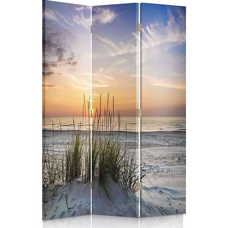 Paravent Décoratif Plage & Herbe - Séparateur d'Espace 3D - 110 x 180 cm - 1 face déco, 1 face noir