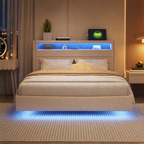 Cama tapizada 140x200 cm con USB y LED, cabecero abatible, beige HAVRYA (1/5)