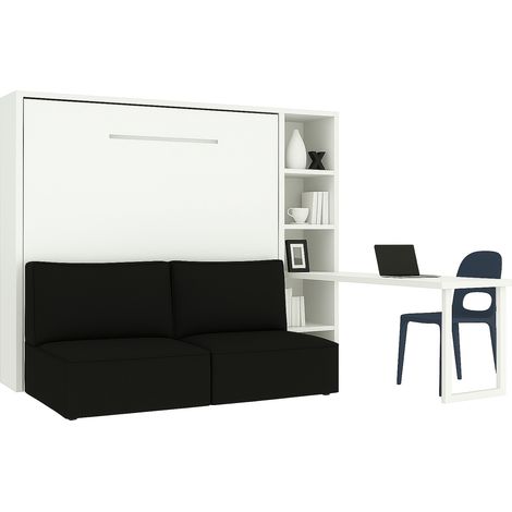Lit escamotable horizontal LOGIA Noir lit+canapé+étagère+bureau-140x190-Canapé Noir-Structure Blanche-Version lit+canapé+étagère+bureau (1/5)
