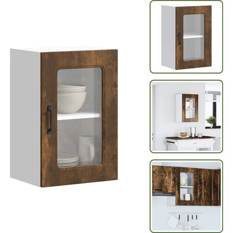 The Living Store Armario de cocina de pared con puerta de cristal "Kalmar" de, roble ahumado, madera de ingeniería - Armario de pared