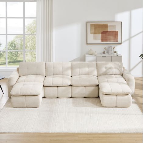 Divano modulare a U 334x160x68 cm, senza telaio, con 2 pouf, combinazione flessibile, chenille beige (1/5)