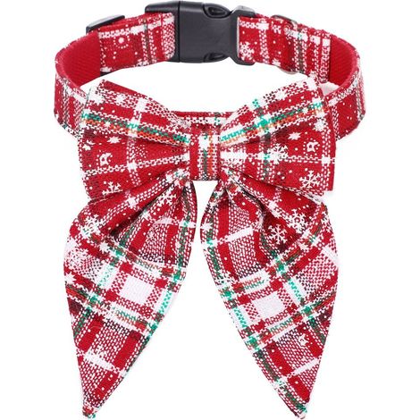 Collier de Noël pour chien avec nœud papillon, en nylon à carreaux rouges et noirs, ajustable, pour grands chiens (taille S), 2 x 40 cm, motif flocon de neige rouge et blanc. (1/3)