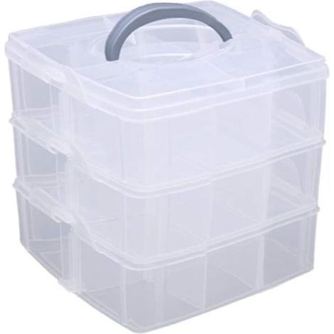 Boîte de rangement en plastique transparent empilable à 3 niveaux avec poignée, capacité maximale de 18 compartiments (1/5)
