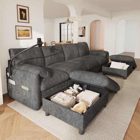 Canapé d’Angle Modulable 6 Places en U ou L avec 2 Poufs Coffres, USB Type-C, Support Téléphone, Chenille - Gris (1/5)