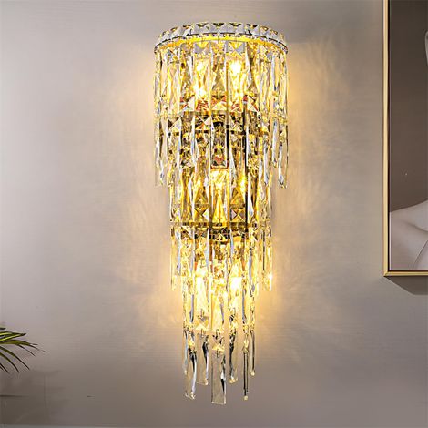 LOLLANDA Applique murale — Luminaire mural en cristal, applique d'intérieur luxueuse chromée avec pampilles en cristal — Éclairage tricolore — Finition dorée — 22 x 46 cm (1/5)