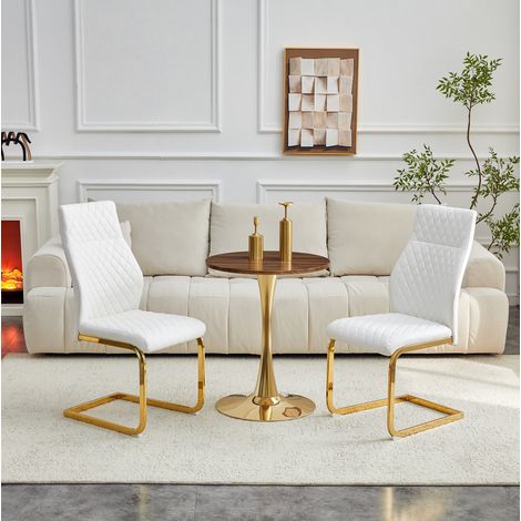 MEUBLIV Ensemble table ronde 60 cm et 2 chaises blanches et dorées style matelassé (1/5)