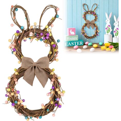 Guirlande De Porte De Pâques - Lapin En Peluche Avec Oreilles - Décoration Printanière Artificielle Avec Nœud Papillon Et Baies - 40 Cm - 1 Pièce (1/5)