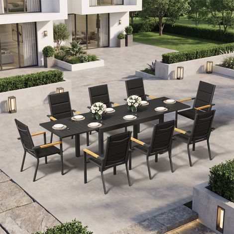 Ensemble Table Chaise Jardin 8 personnes,Table Jardin Chaise en Aluminium,8 Chaises Jardin Accoudoirs Imitation Bois et 1 Table Jardin Extensible (130/260 cm),Imperméable, Antirouille,Tout Temps,Gris