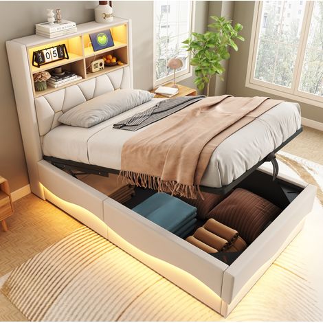 Lit simple enfant 90 x 200 cm avec rangement hydraulique et port USB, LED contrôlée par APP, sommier à lattes en métal, beige (1/4)