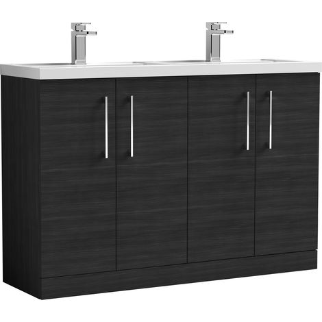 Nuie Arno Floor Standing 4-Door Vanity Unit with Double Polymarble Basin 1200mm Wide - Black Woodgrain (1/5)