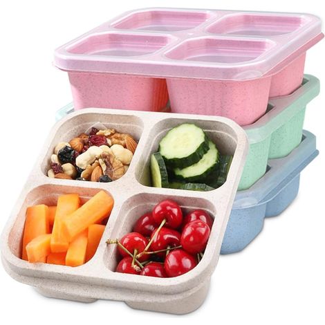 Set di 4 contenitori per il pranzo riutilizzabili in stile bento con 4 scomparti, ideali per bambini e adulti. A tenuta stagna e compartimentati, permettono di conservare il cibo a scuola, al lavoro e