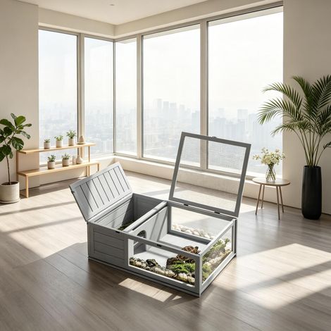 Recinto per tartarughe con casetta in legno e tetto a griglia 91 x 60,5 x 32 cm grigio HAVRYA
