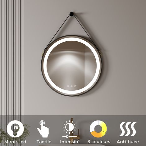 Miroir Mural LED Lumineux rond à suspendre noir Ø60 cm (2100 LMS) Tactile : antibuée + intensité et Couleur réglables - collection Salle de Bain COMO