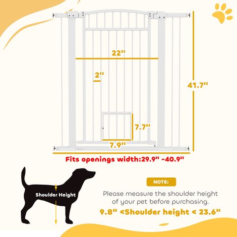 Barrière pour chien extra large (passage de 76 à 104 cm) avec chatière et kits d'extension de 7,6 cm et 14 cm. Hauteur : 107 cm. (1/5)