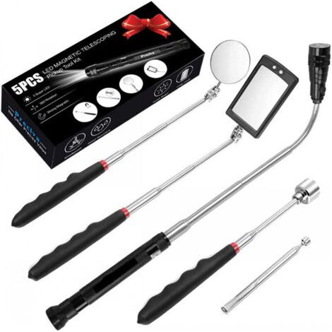 5 PCS Outil de Préhension Magnétique Télescopique pour Ramassage avec LED, Comprenant 15lb/1lb Outil de Ramassage/Rond/Carré Miroir d'Inspection/Poignée Télescopique Pivot 360Ḟ, 4 Batteries(Cinq kit)