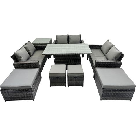 Fimous Outdoor Love Sofa Set 10 Seat Rattan Garden Furniture Set with Adjustable Lifting Dining or Coffee Table Side Table Dark Grey Mixed (1/5)