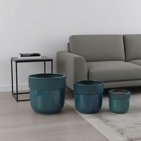 Set de 3 pots en céramique artisanale (Ø 38/30,5/23 cm), bleu turquoise brillant avec cannelures verticales, respirants, résistants au gel, avec trous de drainage pour jardin et balcon (1/5)
