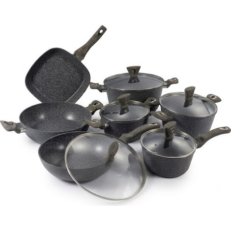 Batteria di Pentole Induzione in Alluminio Pressofuso Effetto Pietra 12 Pezzi Spessore 3mm Grigio Granitato con Casseruole Wok Bistecchiera Tegame per Cucina Sana e Senza Grassi (1/5)