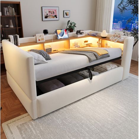 Divano letto 211x108.5x98.5 cm, vani contenimento, luce LED, prese integrate, flanella beige (1/5)