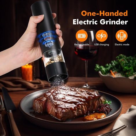 Macinapepe e sale elettrico - Macinapepe elettrico ricaricabile tramite USB - Macinaspezie - Con base di raccolta - Con contenitore lavabile - Per cucina/picnic/barbecue - Nero (1/5)