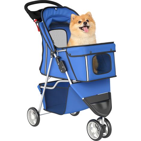 PawHut cochecito para perros plegable con cesta de almacenaje ventanas de malla portavasos y cinturón de seguridad 77x44x102 cm azul (1/5)