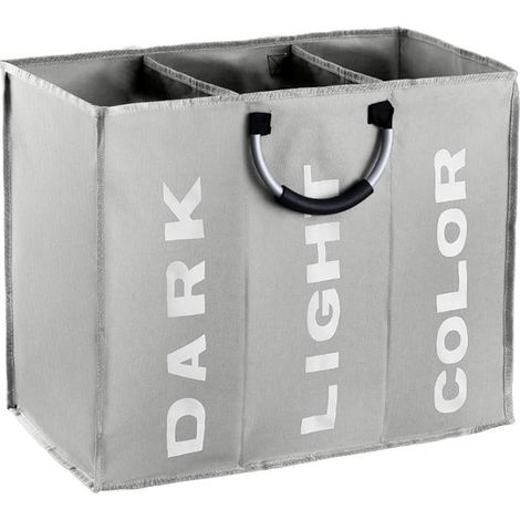 Panier a Linge 3 Compartiment, Sac Linge Sale Voyage Tissu Oxford, Corbeille a Linge Pliable Poignée, Sac a Linge Sale Portable Hôtel, Dortoir, Gris Foncé (1/5)